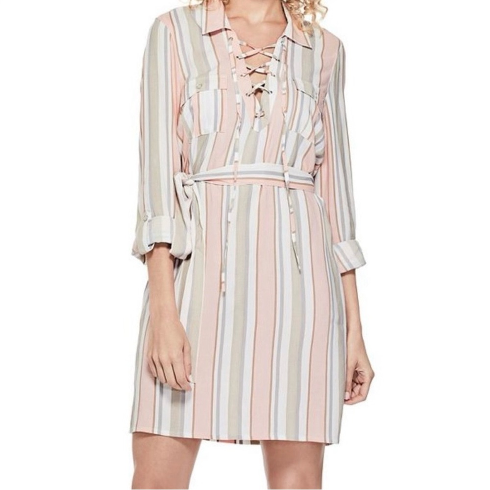 GUESS Striped‎ Lace Up Shirt Dress Pink Beige Gray White Roll Tab Sleeve M
